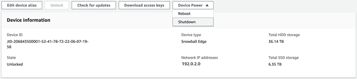 Device details page showing Device Power menu open with Shutdown chosen.