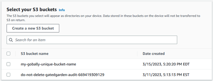 Select your S3 buckets panel showing Create a new S3 bucket button, search filed, and S3 bucket names.