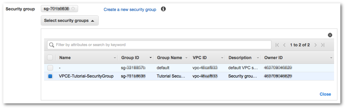 
	                The security groups on the Create Endpoints page.
	              