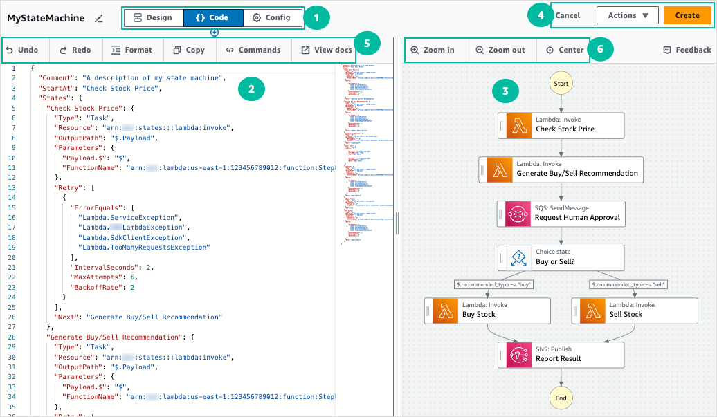 
          Step Functions Workflow Studio Code mode. This mode shows an example of a workflow definition and a real-time rendering of the workflow graph based on the definition.
        