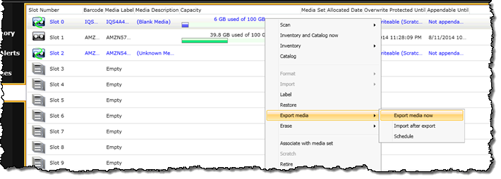 Backup Exec slots tab showing slot context menu with export media and export media now highlighted.
