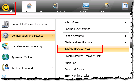 Backup Exec menu with configuration and settings and backup exec services highlighted.