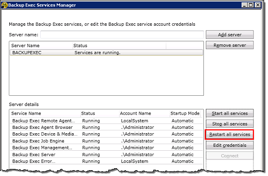 Backup Exec services manager screen with restart all services highlighted.