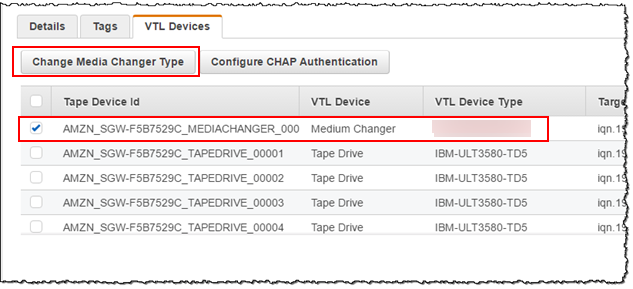 VTL devices tab with media changer selected and change media changer type highlighted.