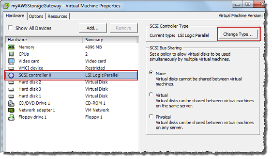 Virtual Machine Properties hardware tab with SCSI controller selected and change type highlighted.