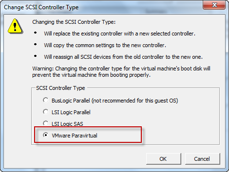 Change SCSI controller type dialog with VMware Paravirtual selected.