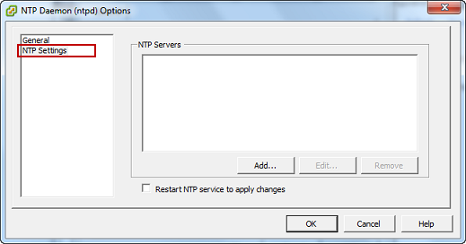 vSphere NTP daemon options screen with NTP settingshighlighted.