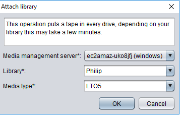 novastor attach library dialog with options selected including LTO five media type.