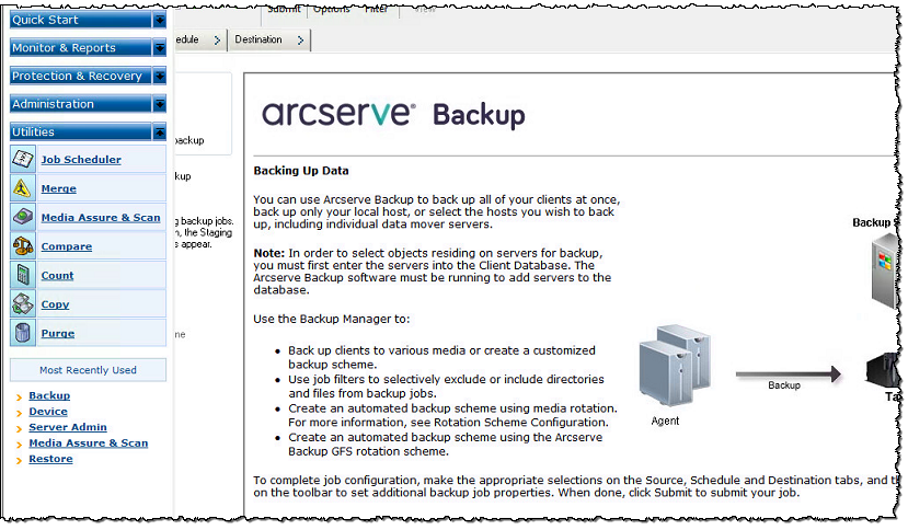 arcserve backup menu screen.