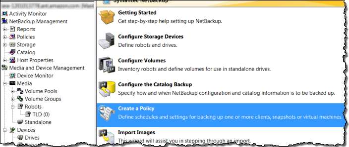 NetBackup main menu screen with create a policy selected.