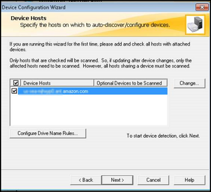 NetBackup device configuration wizard with computer selected in device hosts column.