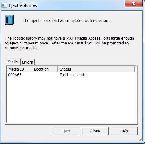 NetBackup eject volumes dialog showing successful ejection confirmation.