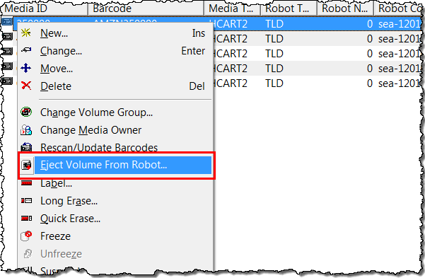 NetBackup virtual tapes list showing tape context menu with eject volume from robot highlighted.