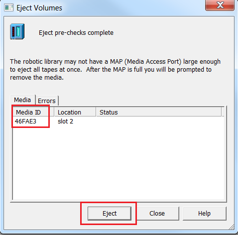 NetBackup eject volumes dialog showing the media ID for the selected tape.