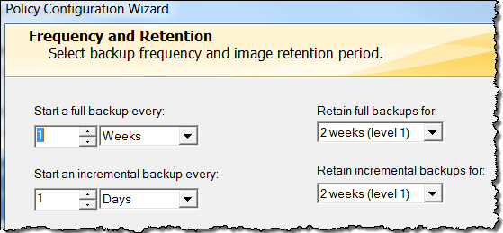 NetBackup policy configuration wizard showing frequency and retention configuration fields.