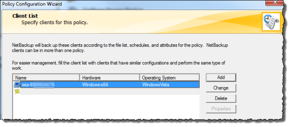 NetBackup policy configuration wizard showing a list of clients.