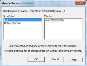 NetBackup manual backup dialog with schedules and clients listed.