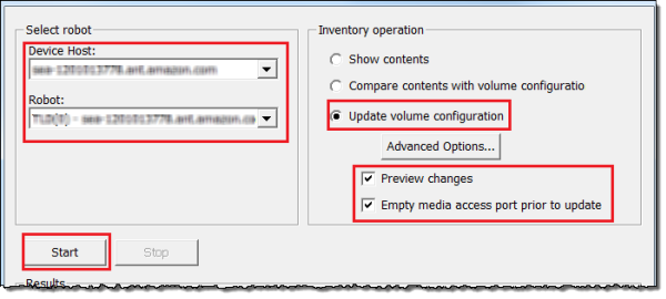 NetBackup robot inventory dialog with various options and start button highlighted.