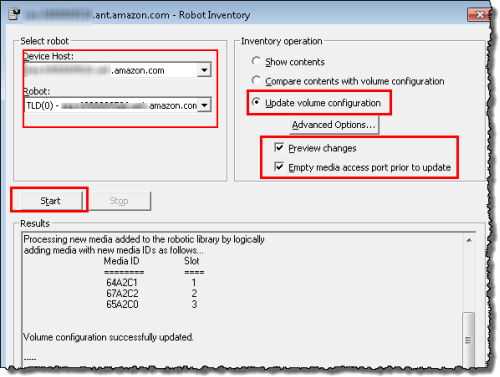 NetBackup robot inventory results section showing three virtual tapes in import export slots.