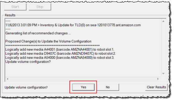 NetBackup robot inventory results section with update volume configuration yes button highlighted.