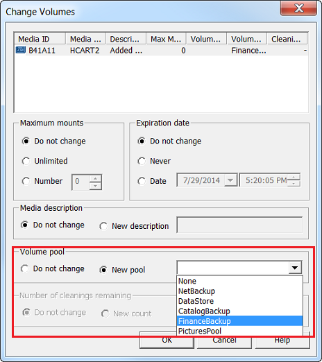 NetBackup change volumes dialog with volume pool section highlighted.