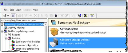 NetBackup admin console menu screen with configure storage devices highlighted.