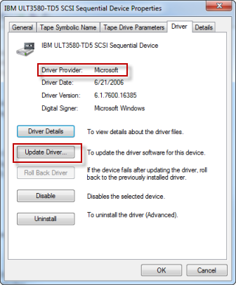 Windows tape drive properties dialog with driver provider and update driver highlighted.