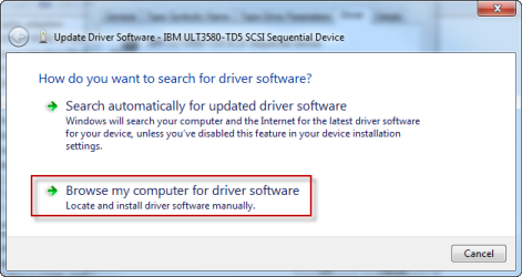 Windows update driver software dialog with browse my computer for driver software highlighted.