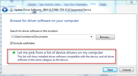Windows update driver software dialog with let me pick from a list option highlighted.