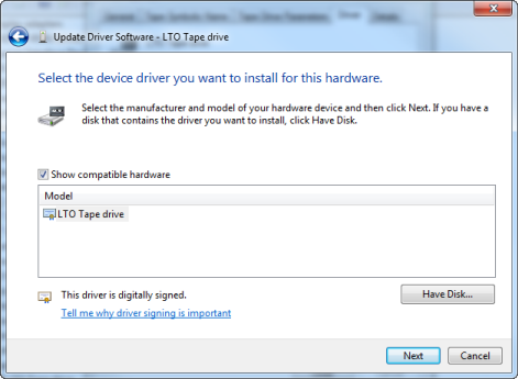 Windows update driver software dialog showing a list of compatible hardware drivers.