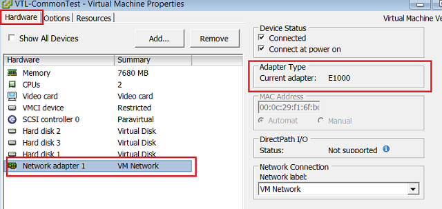 VMware virtual machine properties hardware tab with E1000 adapter selected.