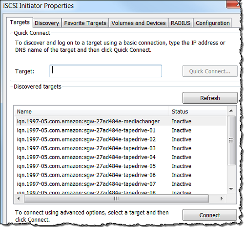 iSCSI initiator properties targets tab showing discovered targets.