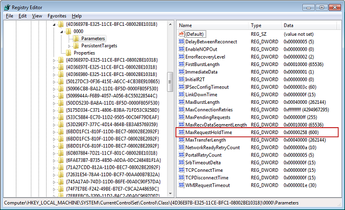 Windows registry editor showing max request hold time dword with six hundred value.