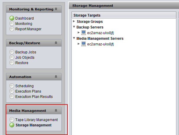 novastor admin console screen with media management highlighted and storage management selected.