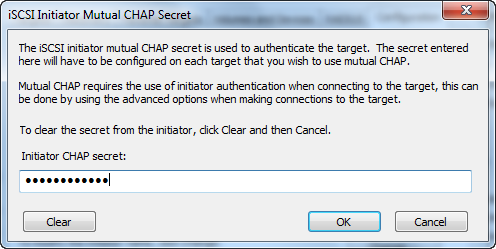 iSCSI initiator mutual CHAP secret dialog showing obscured characters entered.