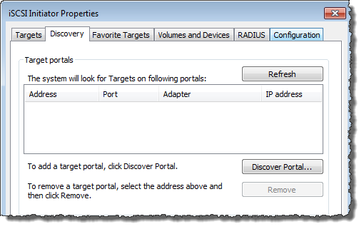 iSCSI initiator properties dialog showing discovery tab and discover portal button.