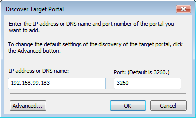 discover target portal dialog showing IP address or DNS name and port fields.
