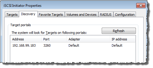 iSCSI initiator properties discovery tab showing a target portal with IP address.