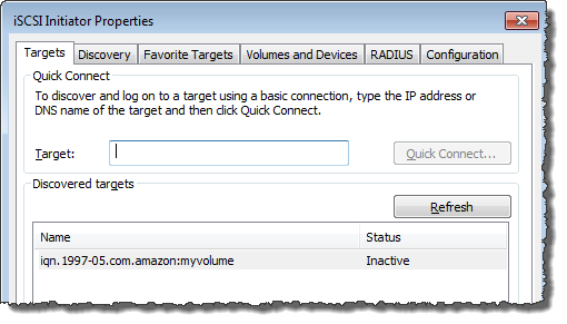 iSCSI initiator properties targets tab showing an inactive target.