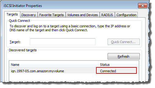 iSCSI initiator properties targets tab showing a connected target.