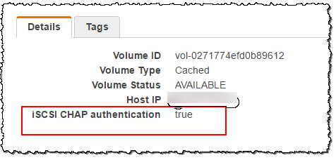 Storage Gateway volume details tab with iSCSI CHAP authentication showing true.