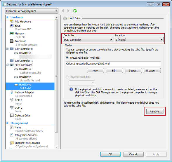 Hyper V settings dialog with a disk selected. Controller, location, and remove are highlighted.