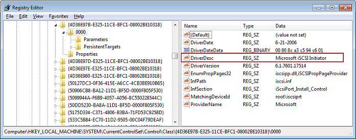 Windows registry editor showing driverdesc string with microsoft iscsi initiator value.