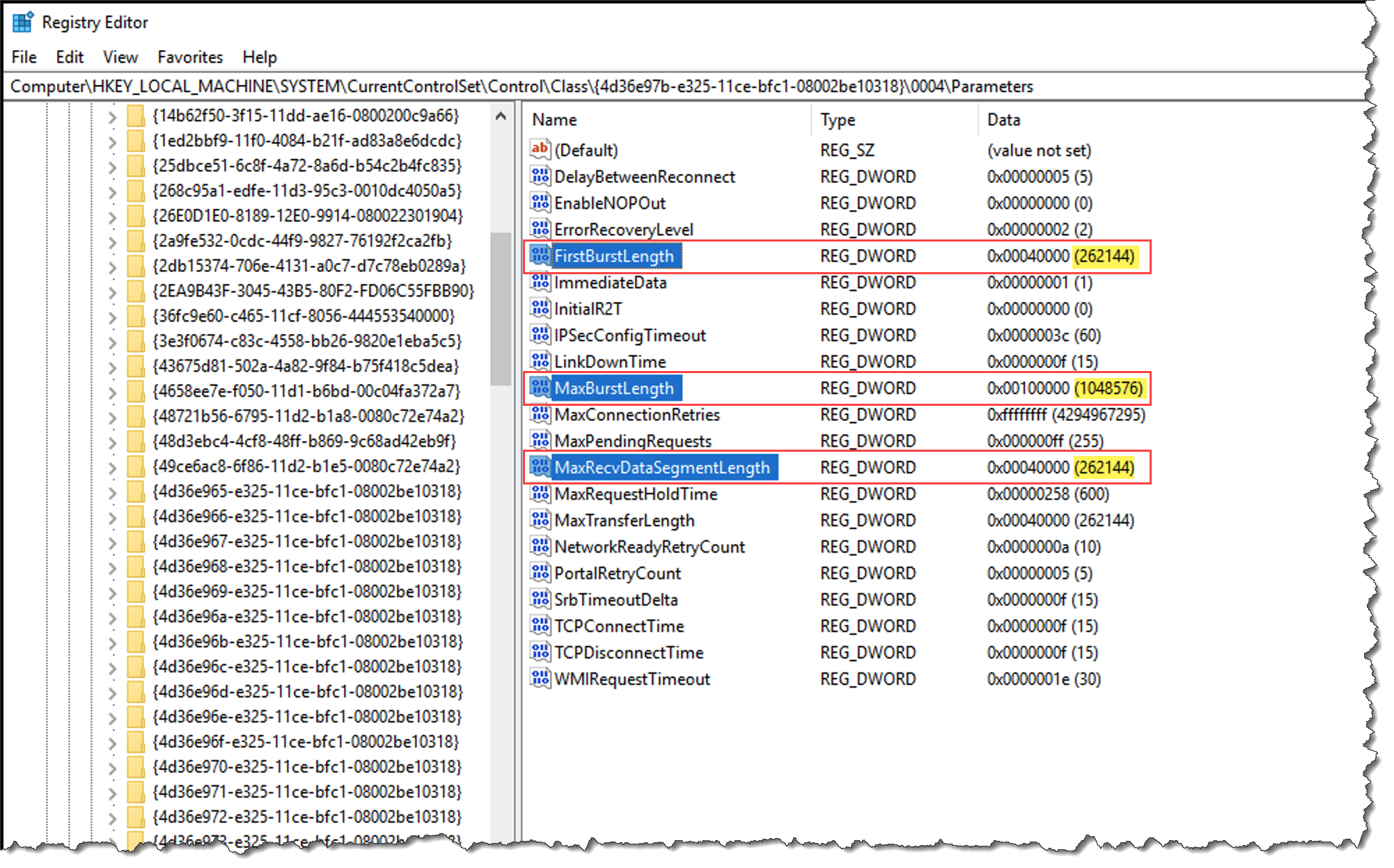 Windows registry editor with iSCSI packet length dword values highlighted.