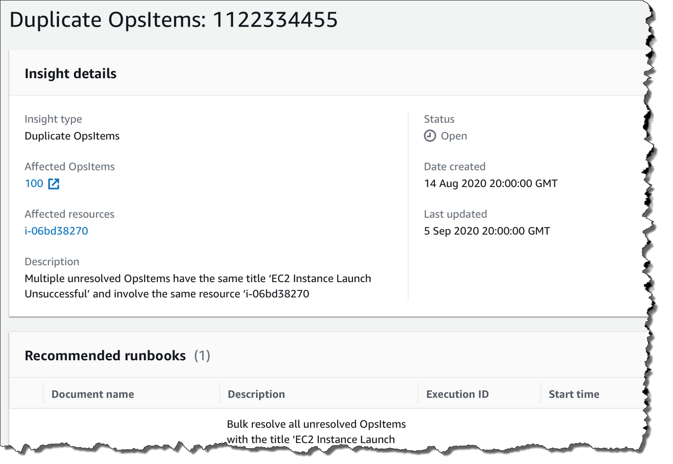 
                    Detailed view of an OpsCenter insight with information about
                        OpsItems.
                