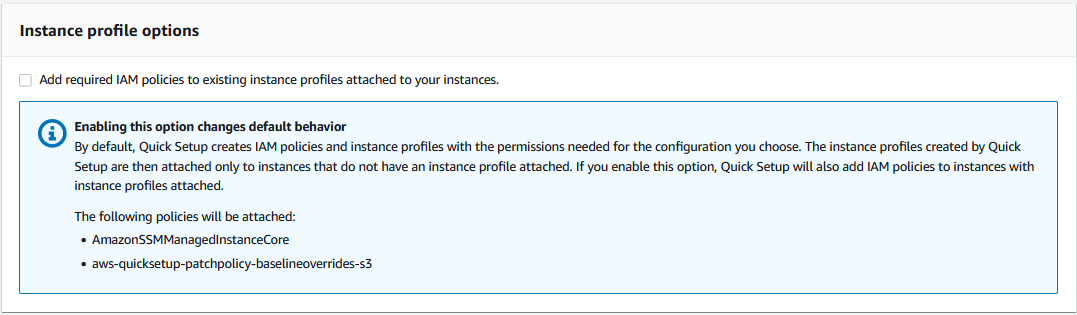 The Add required IAM policies to existing instance profiles check box.