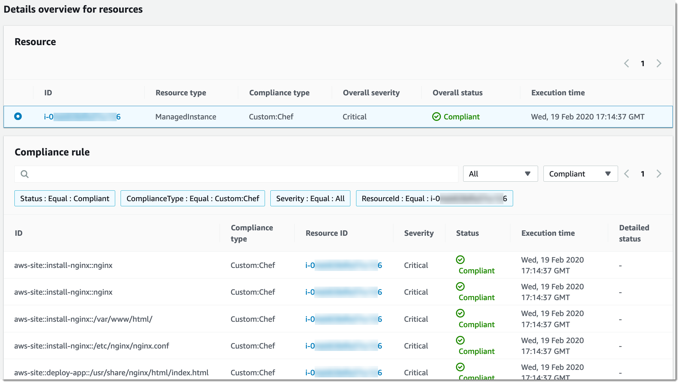 Viewing compliance details for a Chef managed resource failure