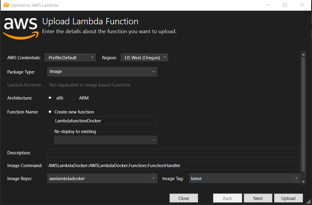 Upload screen for publishing image-based Lambda function to Amazon