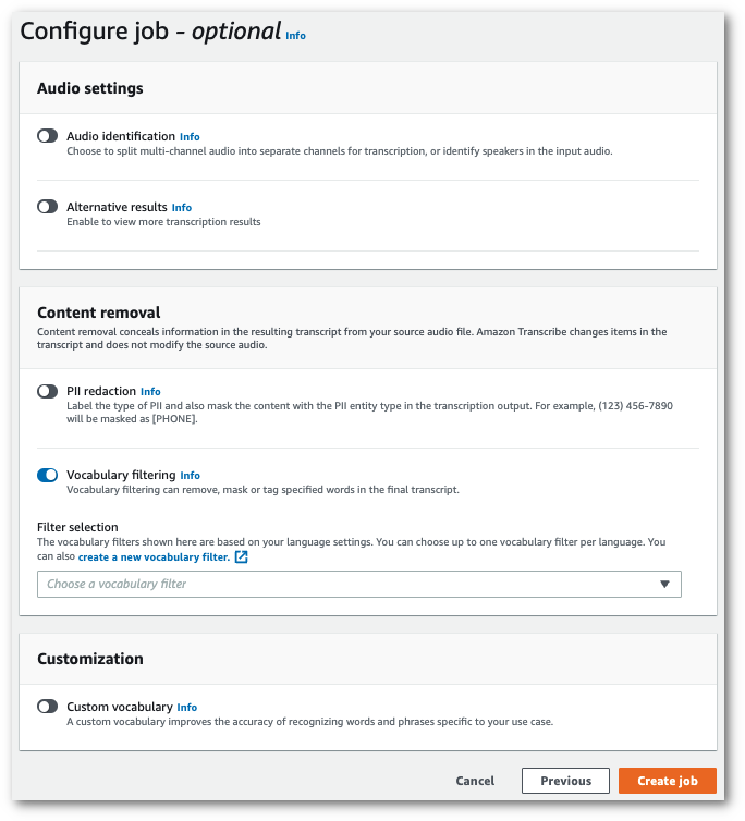 Amazon Transcribe console screenshot: the 'configure job' page.