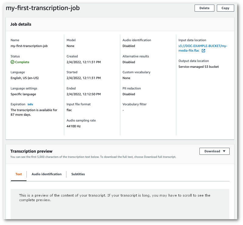 Amazon Transcribe console screenshot: summary page for transcription in a service-managed bucket.